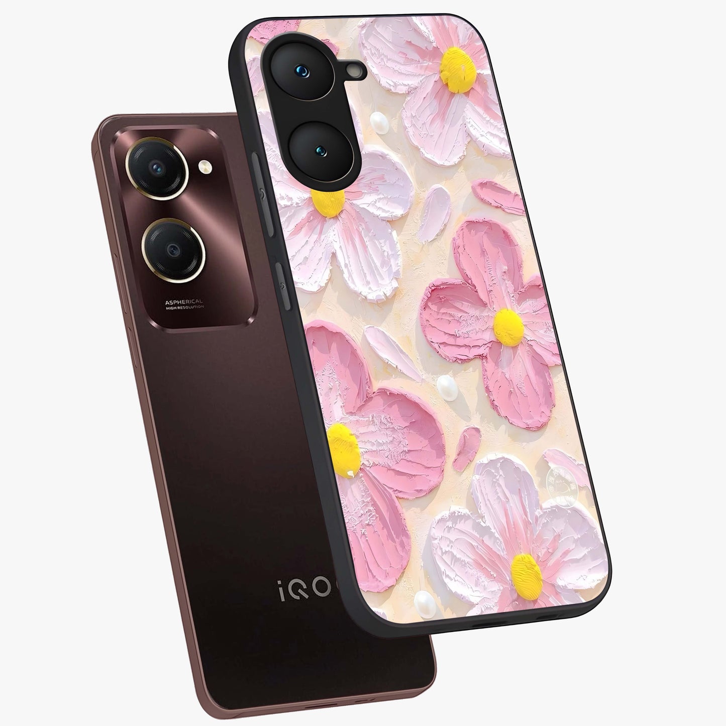 Blush Bloom Texture Glass Case displayed in angled mockup highlighting subtle bloom pattern with aesthetic pastel design.