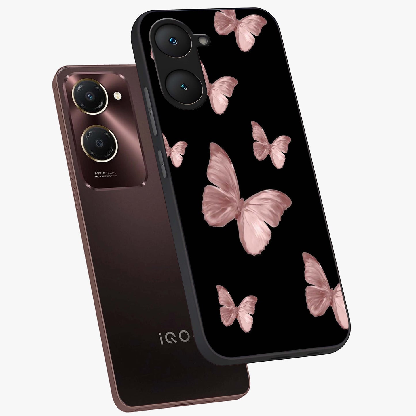 Butterfly Pattern Glass Case displayed in angled mockup highlighting delicate butterfly design and aesthetic pattern style.