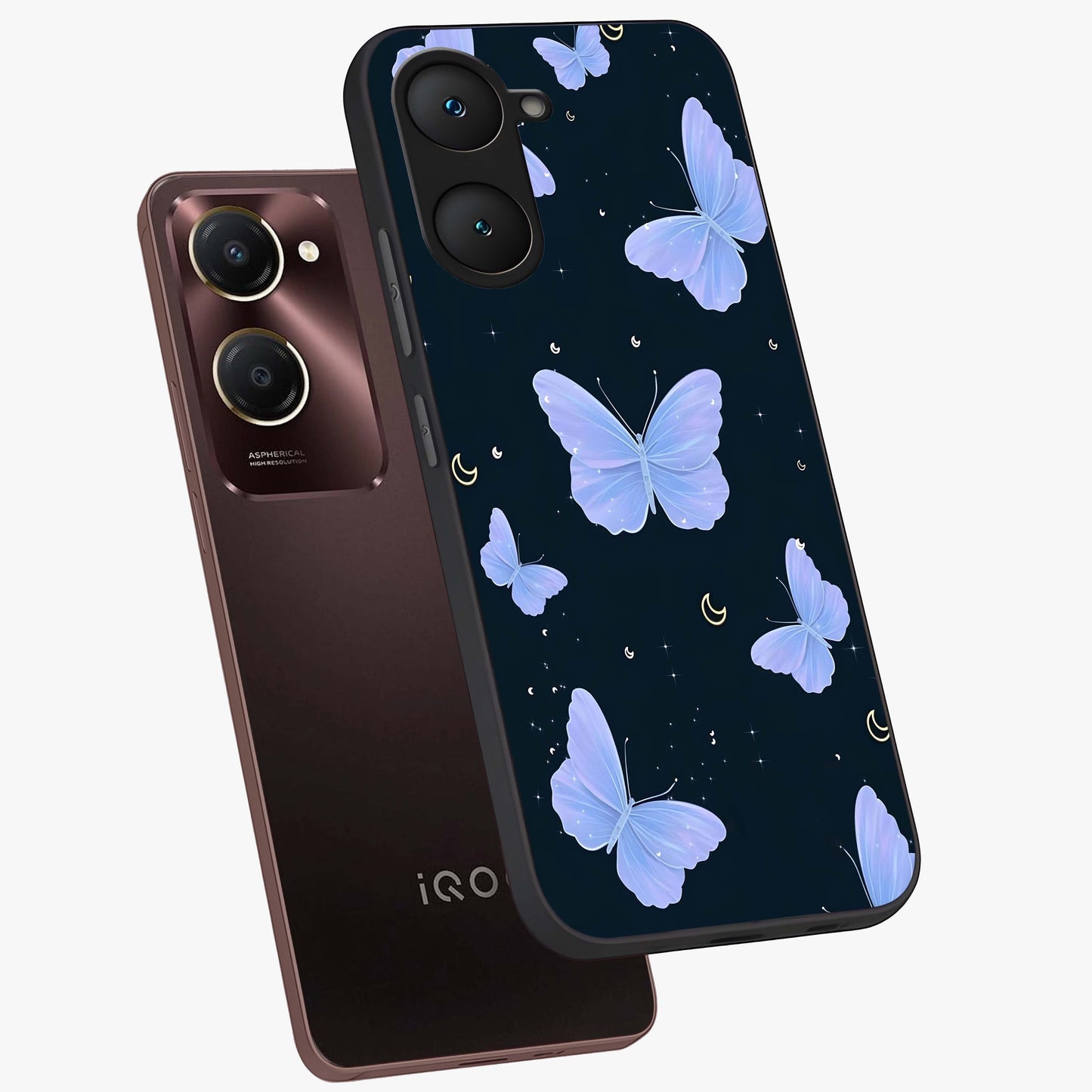 Butterfly With Stars Pattern Glass Case displayed in angled mockup highlighting dreamy butterfly and star design with aesthetic theme.
