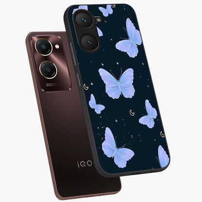 Butterfly With Stars Pattern Glass Case displayed in angled mockup highlighting dreamy butterfly and star design with aesthetic theme.
