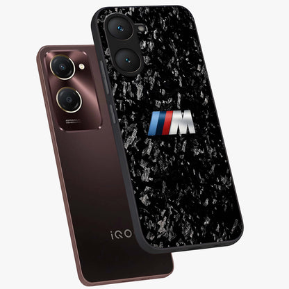 Carbon Speed Mark Glass Case displayed in angled mockup highlighting racing inspired carbon design and sleek aesthetic style.
