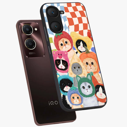 Cats in Fruits Glass Case displayed in angled mockup highlighting cute feline fruit design with colorful aesthetic style.