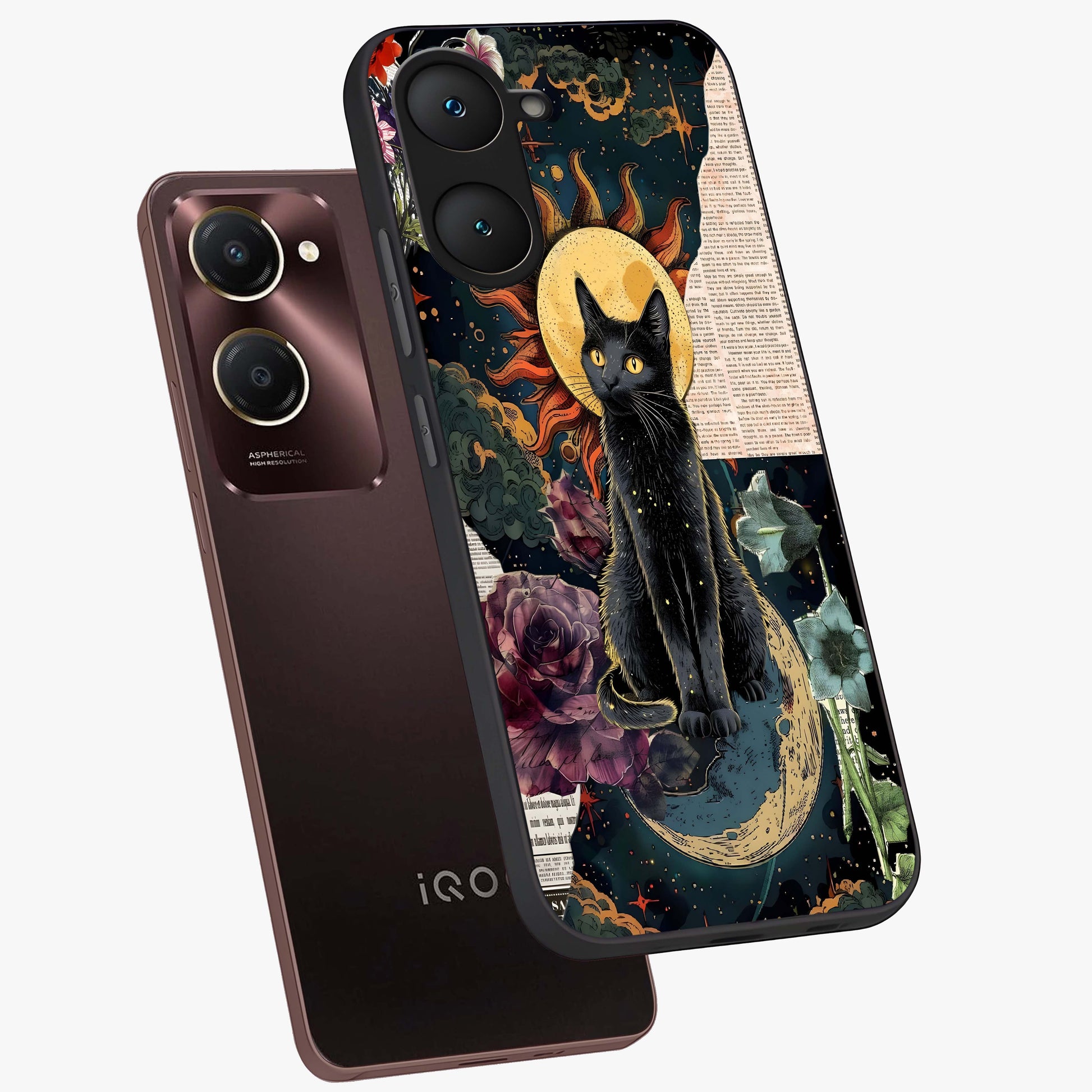 Celestial Black Cat Glass Case displayed in angled mockup highlighting cosmic black cat design with celestial aesthetic.