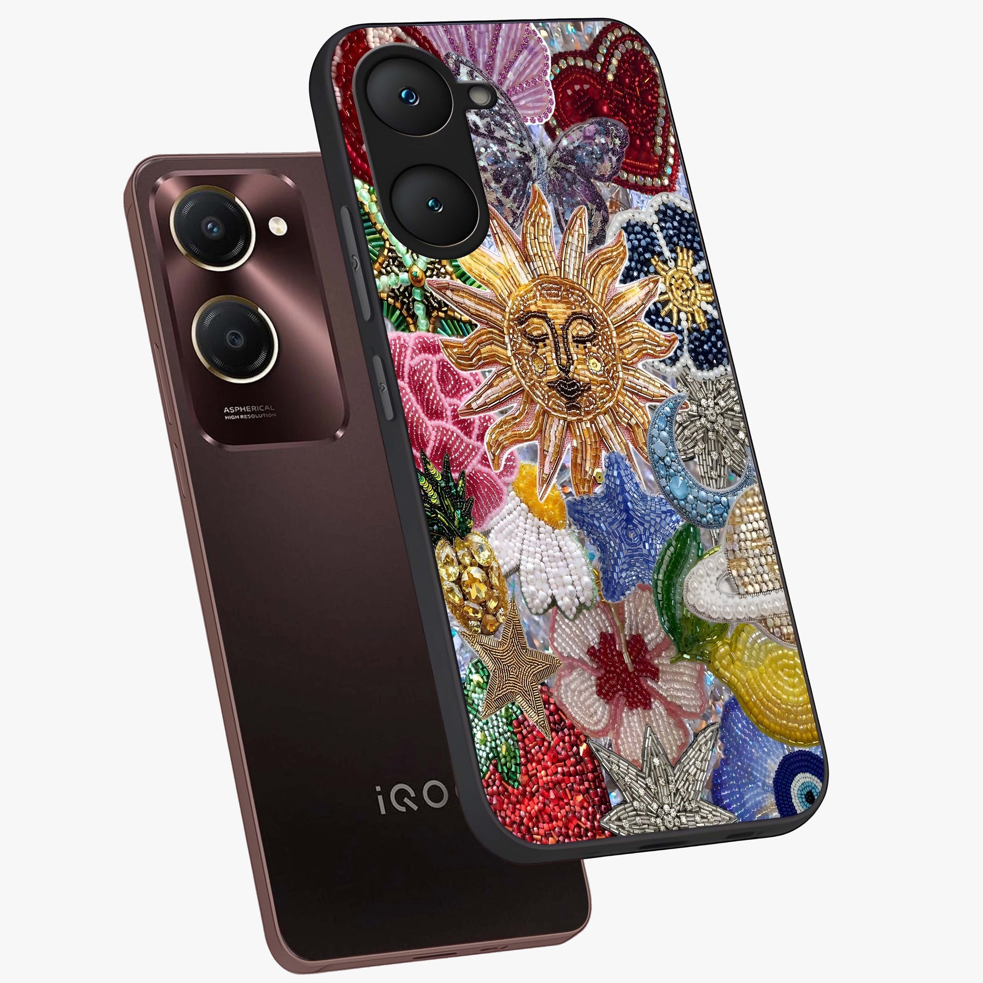 Celestial Floral and Playful Glass Case displayed in angled mockup highlighting playful floral design with dreamy celestial elements.