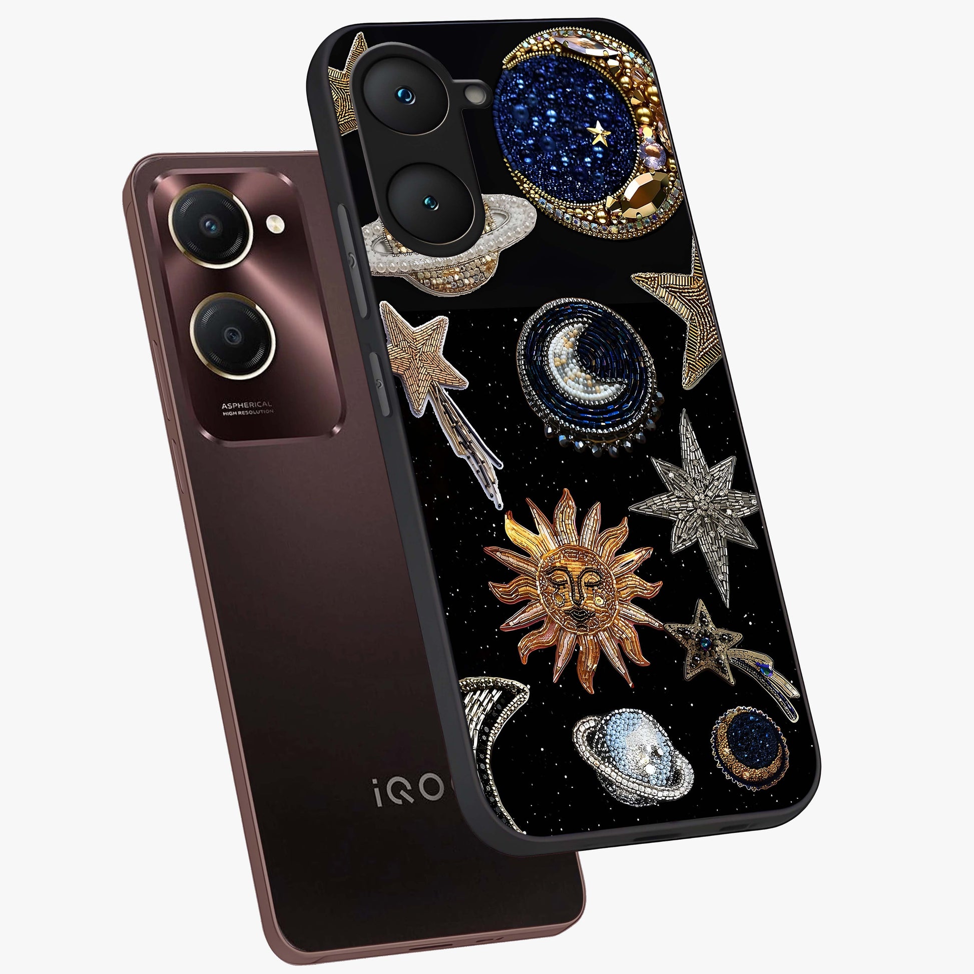 Celestial Gem Constellations Glass Case displayed in angled mockup highlighting gemstone inspired constellation design.
