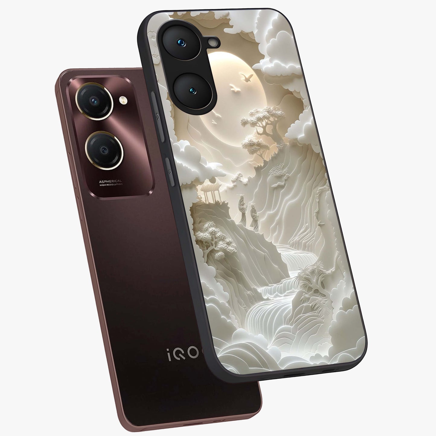 Celestial Origami Glass Case displayed in angled mockup highlighting geometric origami design with cosmic aesthetic theme.