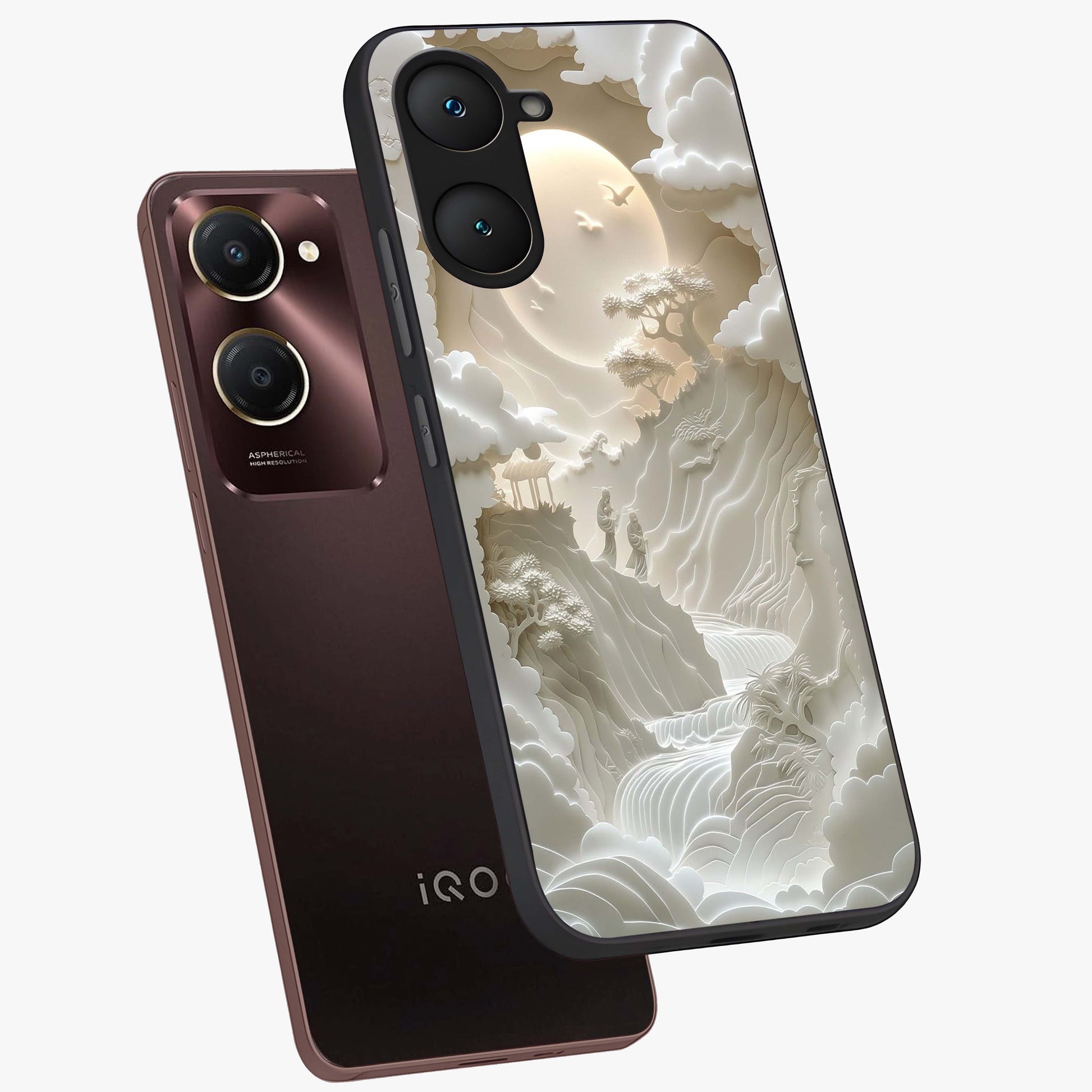 Celestial Origami Glass Case displayed in angled mockup highlighting geometric origami design with cosmic aesthetic theme.