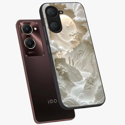 Celestial Origami Glass Case displayed in angled mockup highlighting geometric origami design with cosmic aesthetic theme.