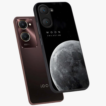 Cosmic Moon Glow Glass Case displayed in angled mockup highlighting celestial moon design with cosmic aesthetic theme.