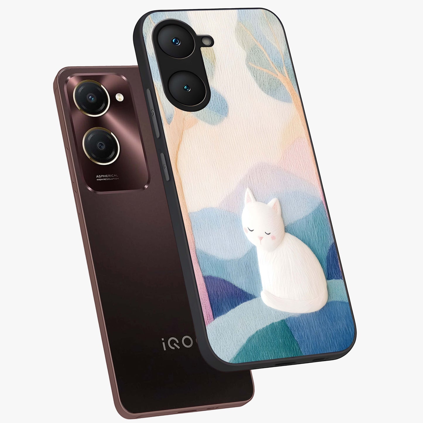 Cotton Dream Cat Glass Case displayed in angled mockup highlighting cute feline illustration with pastel aesthetic style.