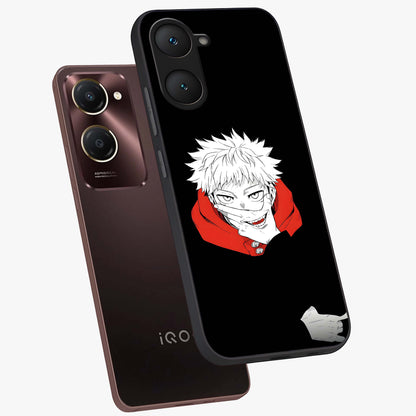 Crimson Chaos Smile Glass Case displayed in angled mockup highlighting edgy crimson smile design with graphic aesthetic.