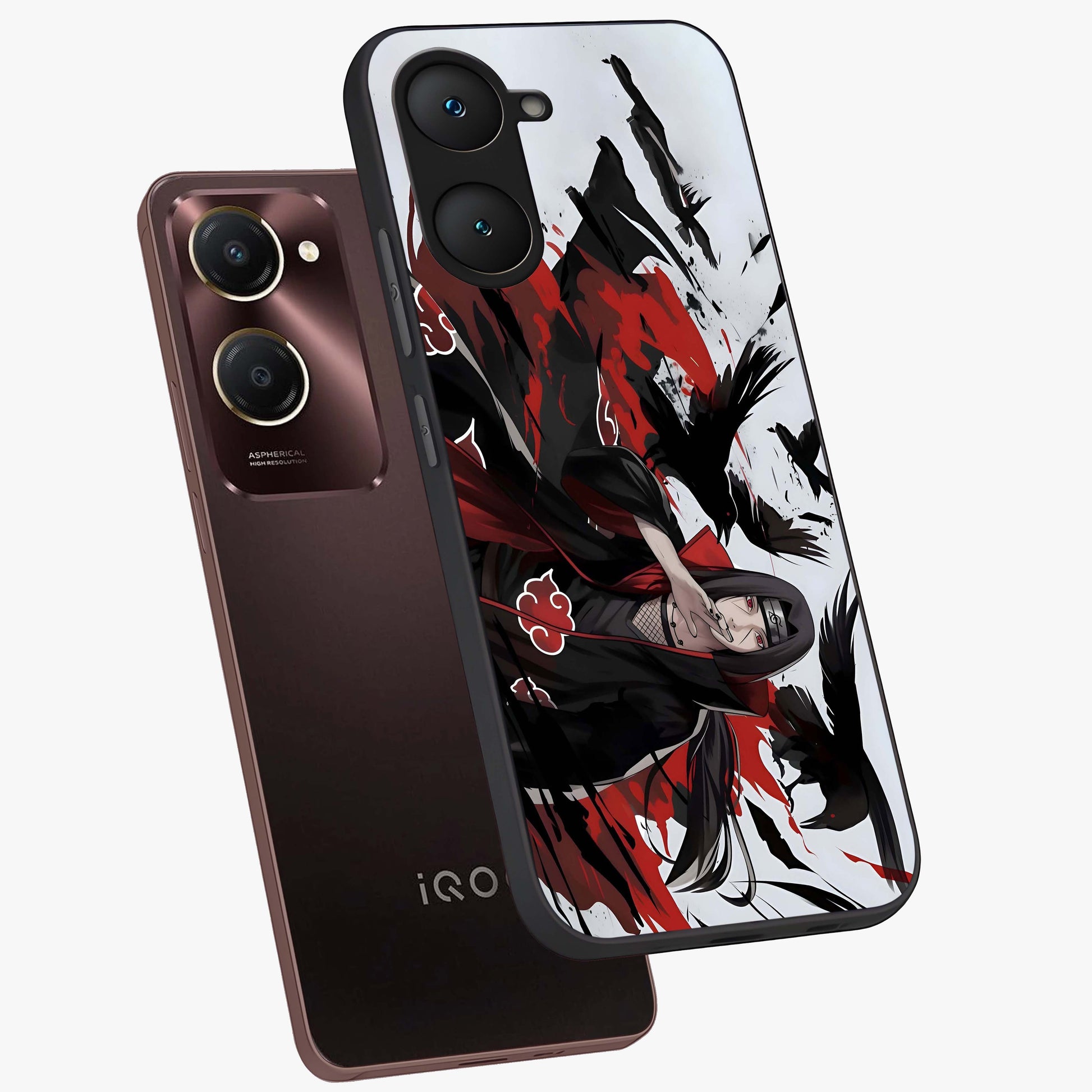 Crimson Crow Illusion Glass Case displayed in angled mockup highlighting mysterious crow graphic with dark aesthetic style.