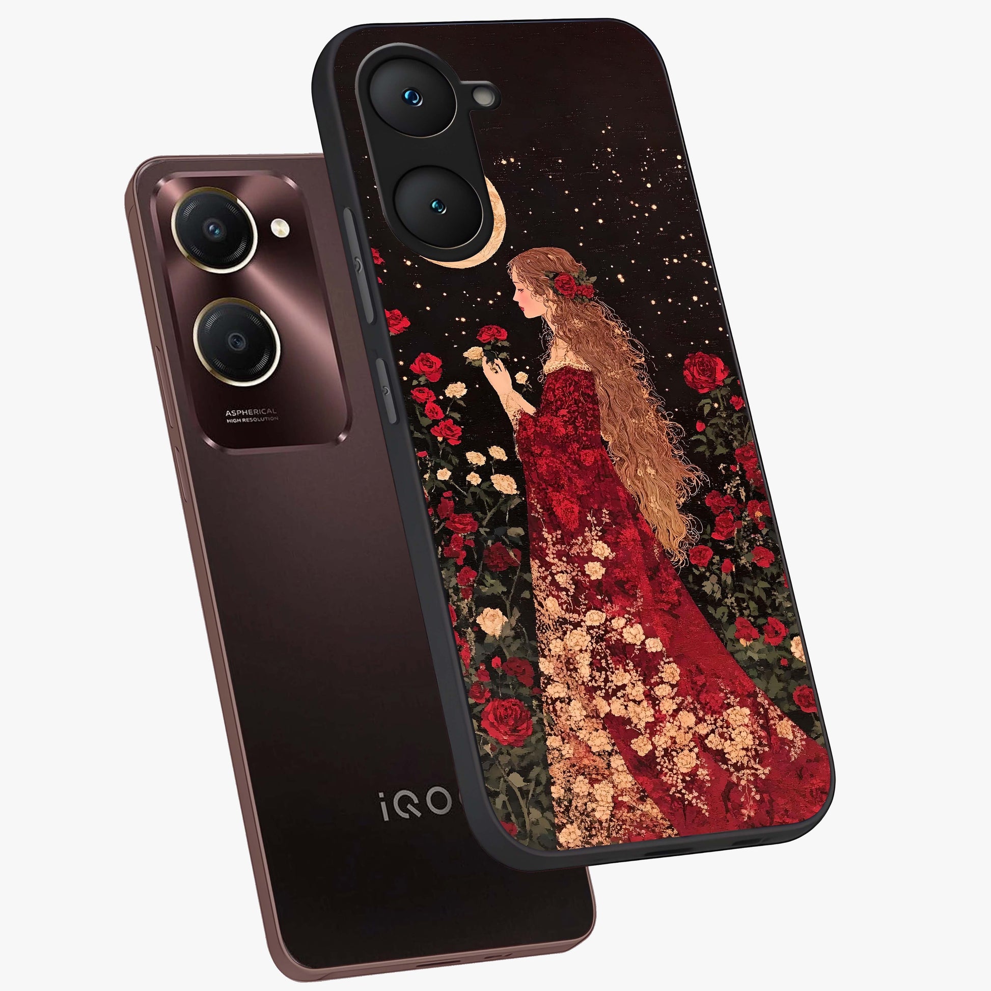 Crimson Dreams Glass Case displayed in angled mockup highlighting soft crimson aesthetic design with artistic theme.