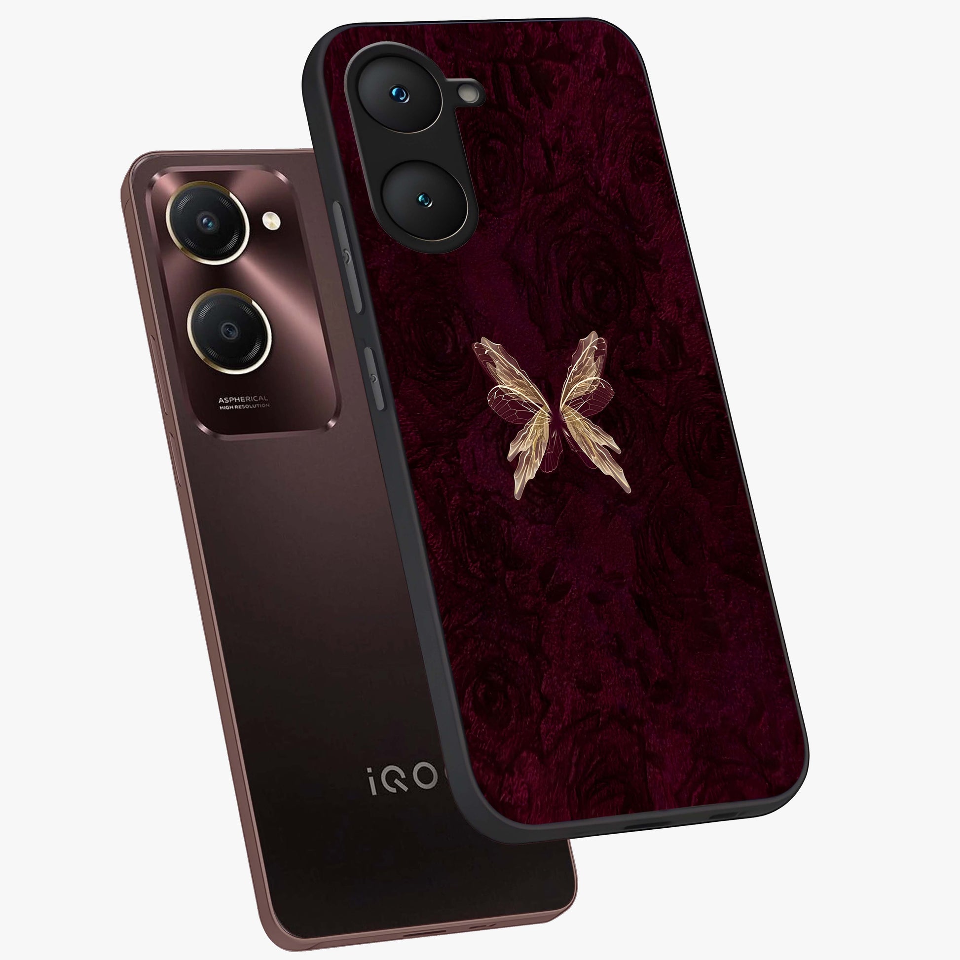Crimson Fade Butterfly Glass Case displayed in angled mockup highlighting elegant butterfly design with crimson gradient aesthetic.