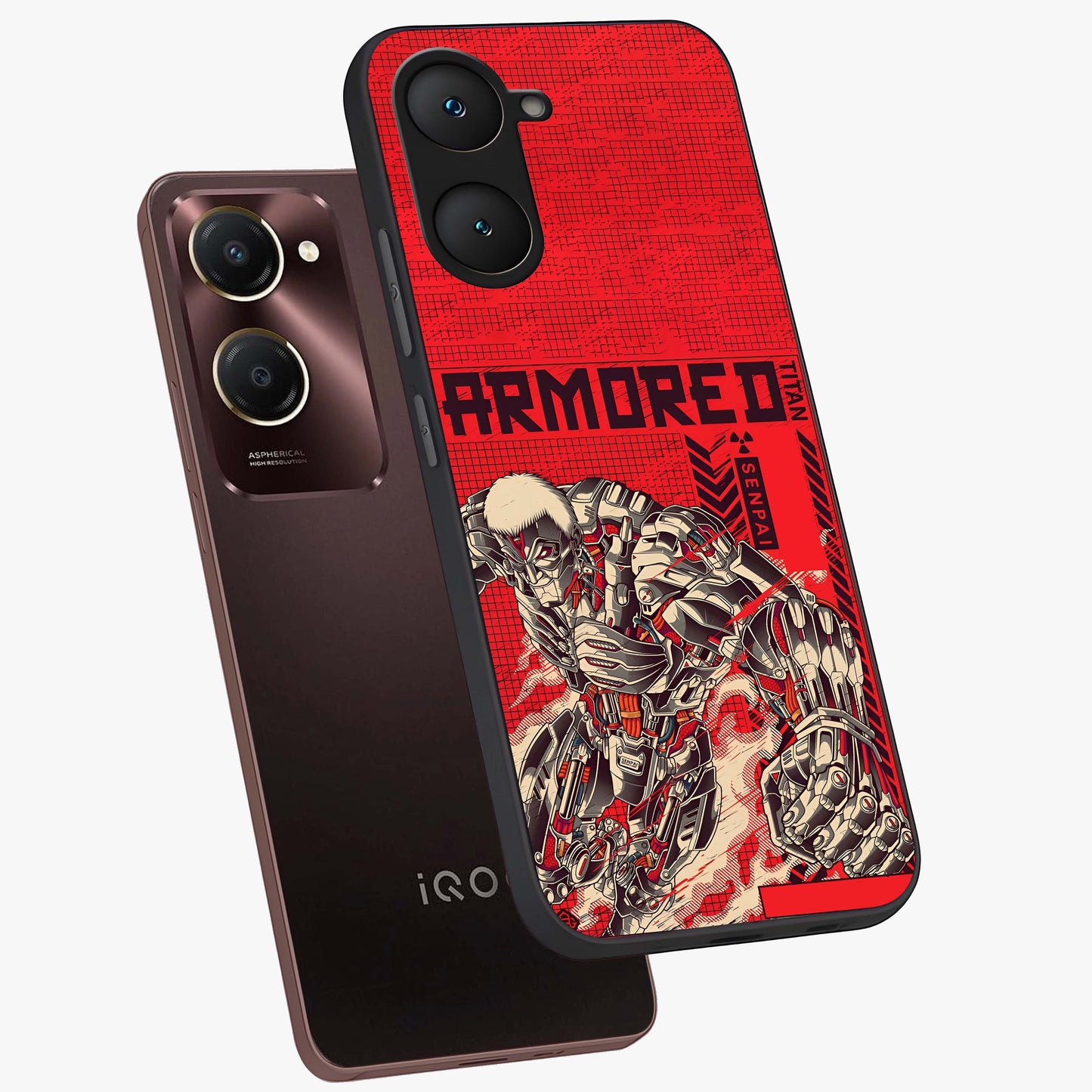 Crimson Mecha Titan Glass Case displayed in angled mockup highlighting futuristic mech illustration with bold crimson aesthetic.