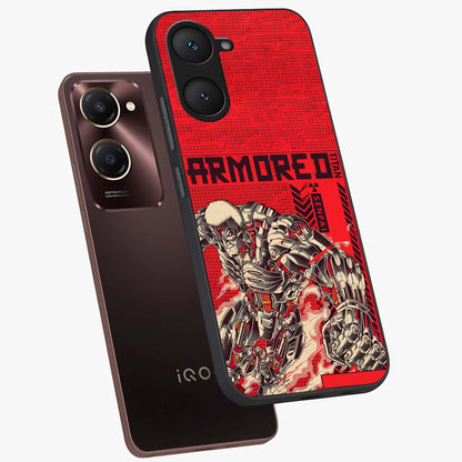 Crimson Mecha Titan Glass Case displayed in angled mockup highlighting futuristic mech illustration with bold crimson aesthetic.