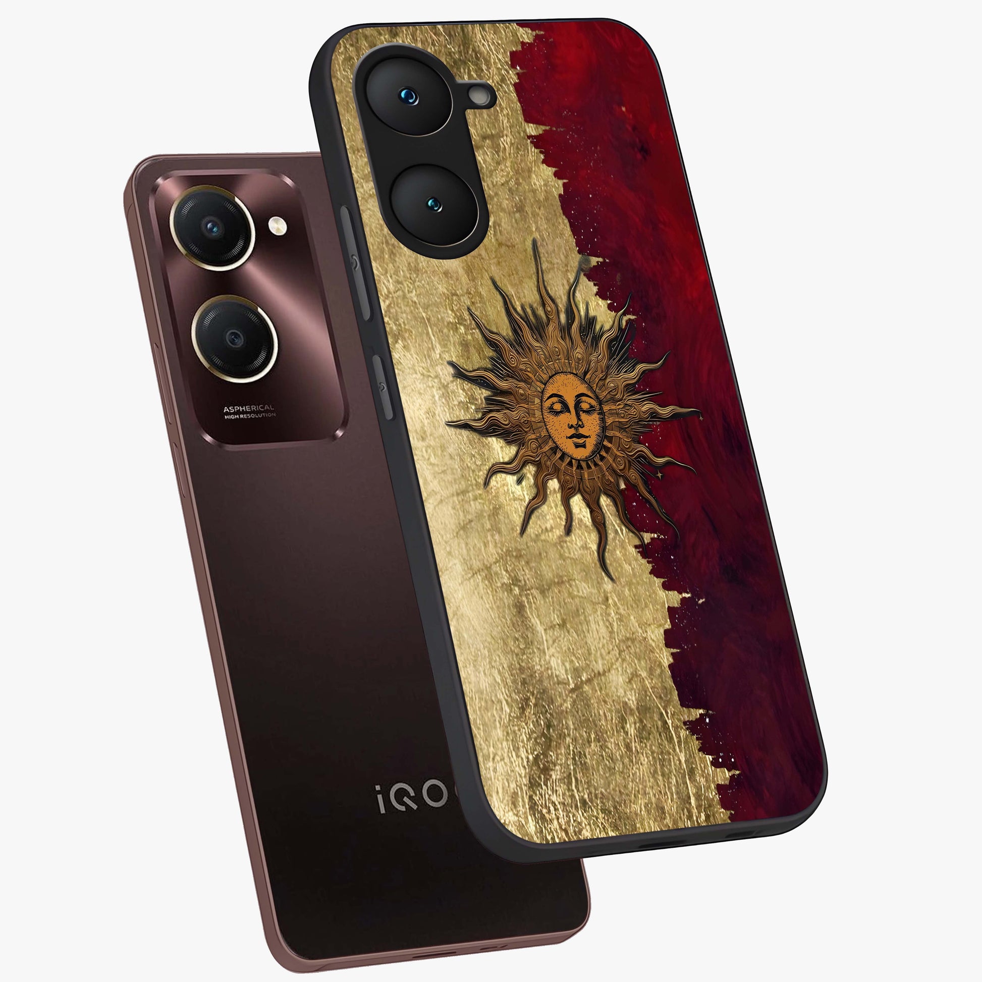 Crimson Sun Majesty Glass Case displayed in angled mockup highlighting majestic crimson sun design with bold aesthetic style.