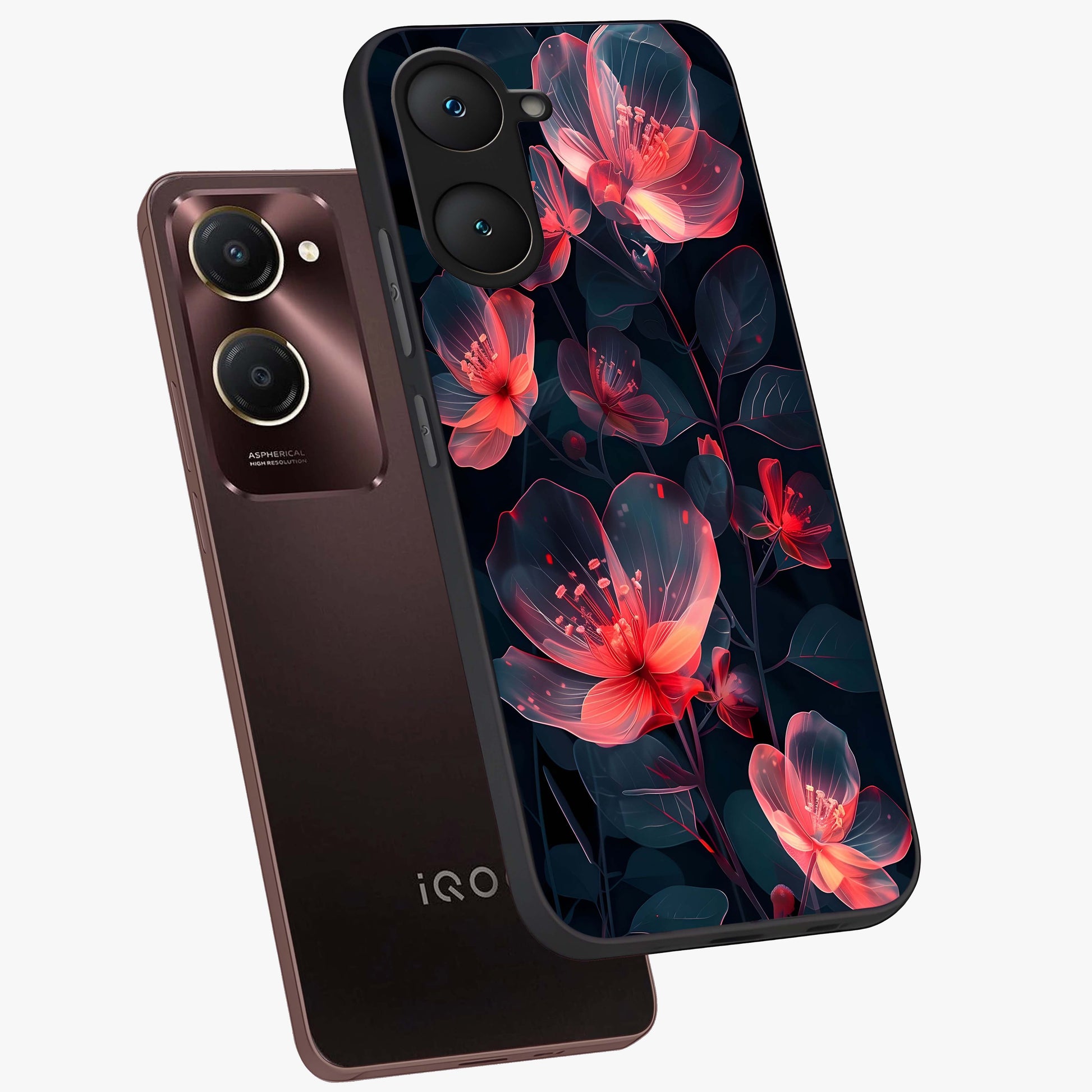 Dark Shade of Flower Glass Case displayed in angled mockup highlighting moody floral illustration with aesthetic dark tones.