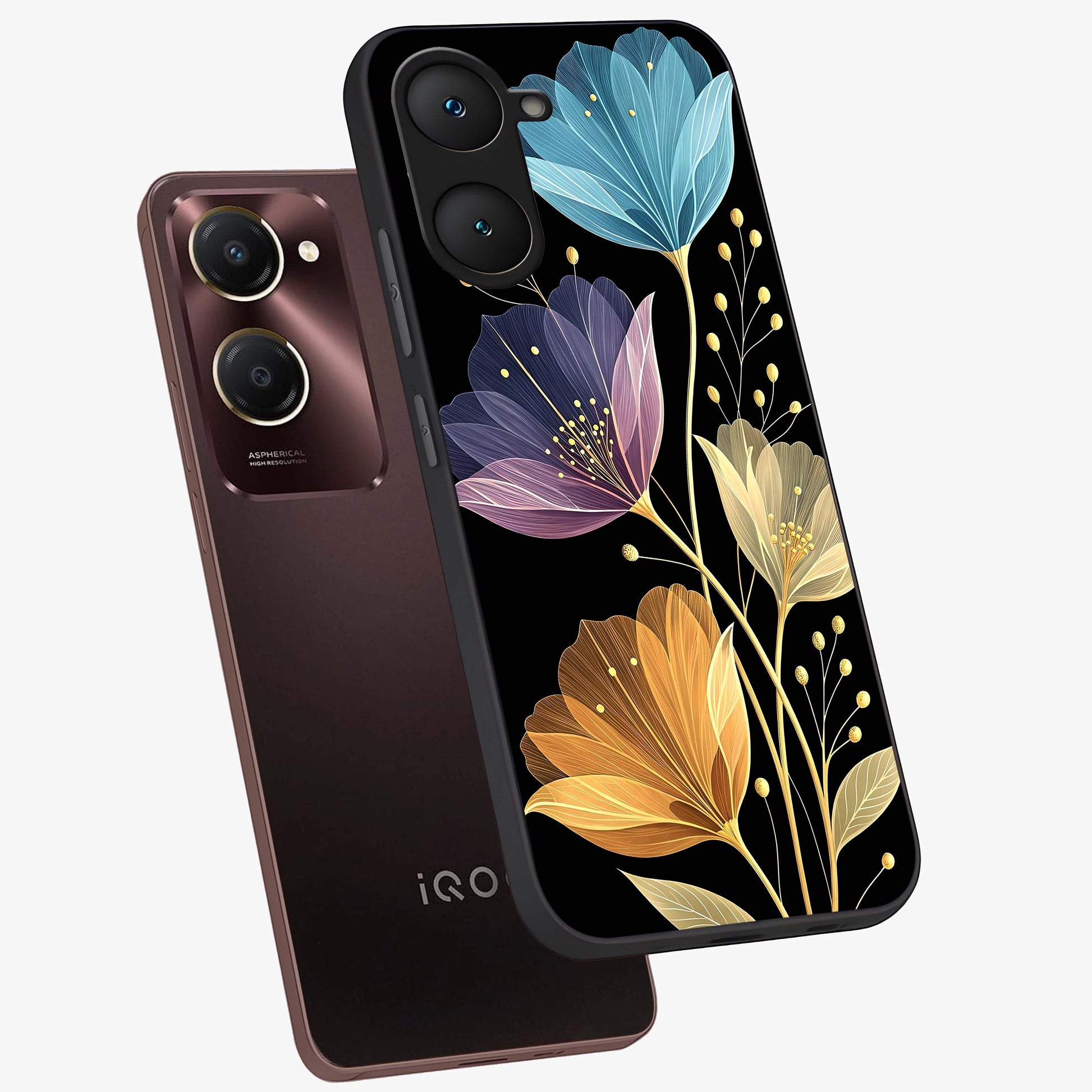 Delicate Multicolor Flowers Glass Case displayed in angled mockup highlighting colorful flower pattern with soft aesthetic style.