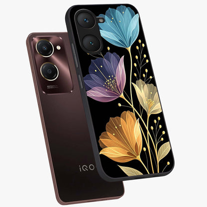 Delicate Multicolor Flowers Glass Case displayed in angled mockup highlighting colorful flower pattern with soft aesthetic style.