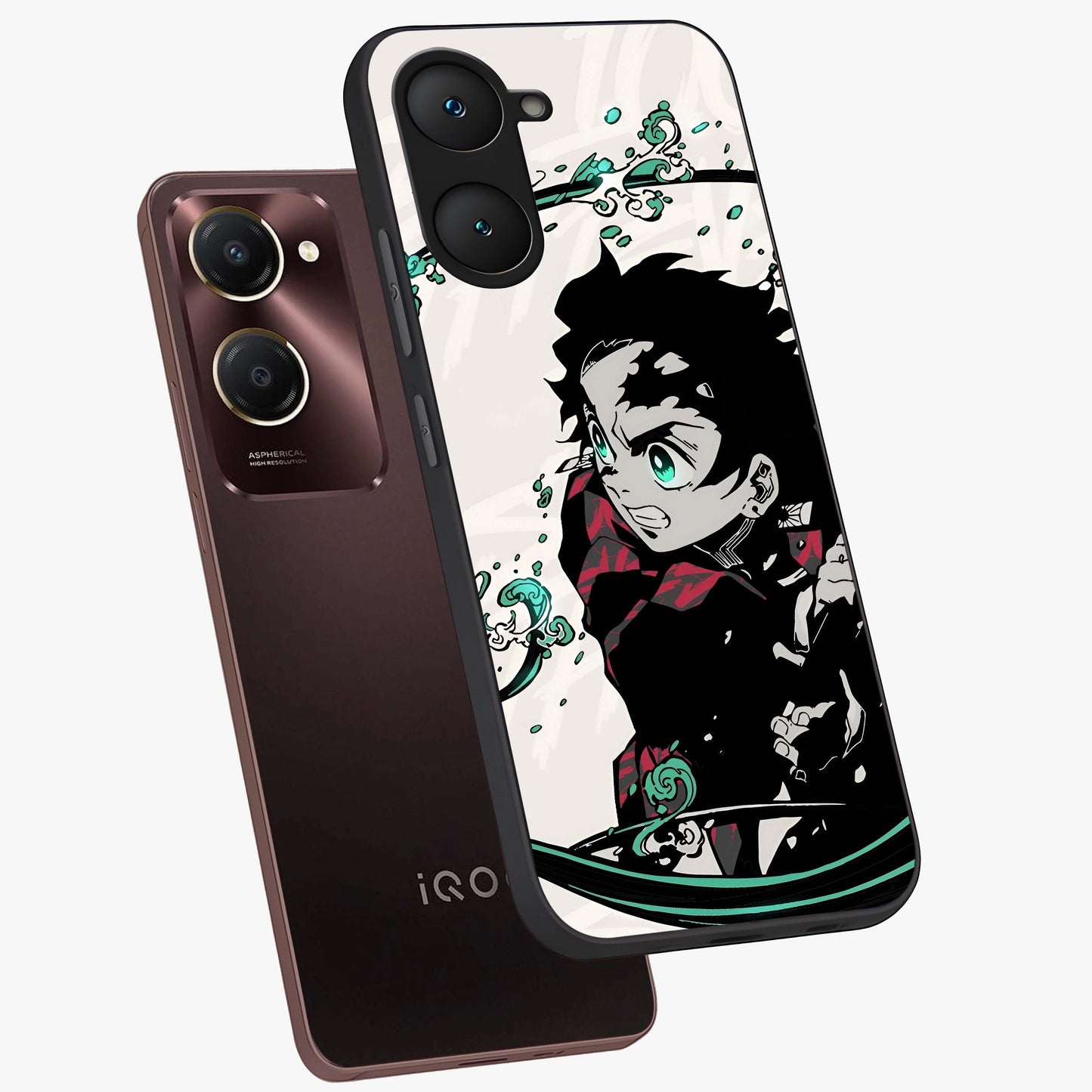 Demon Slayer Glass Case displayed in angled mockup highlighting dramatic anime character design with action aesthetic.