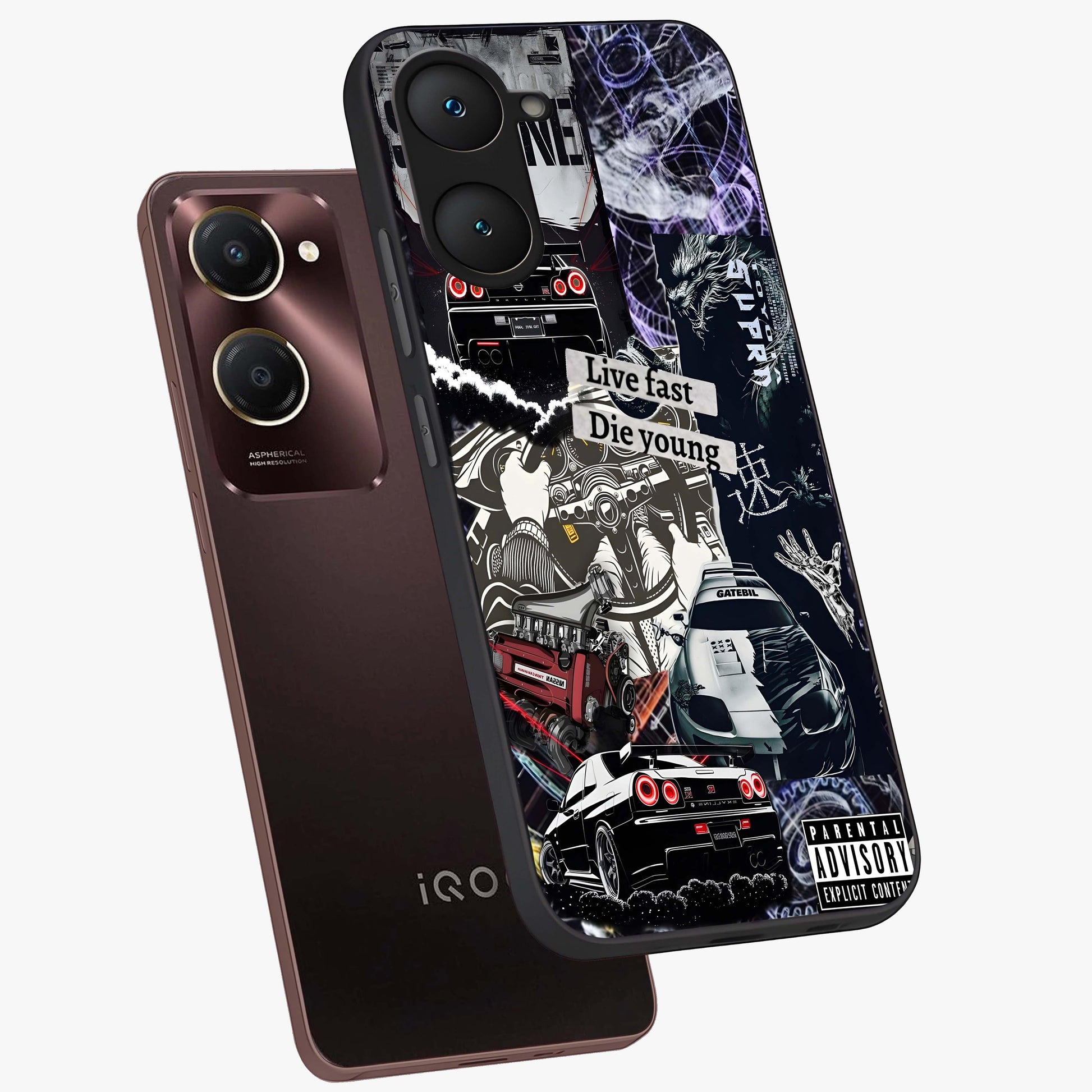 Die Young Glass Case displayed in angled mockup highlighting expressive graphic artwork with edgy aesthetic style.