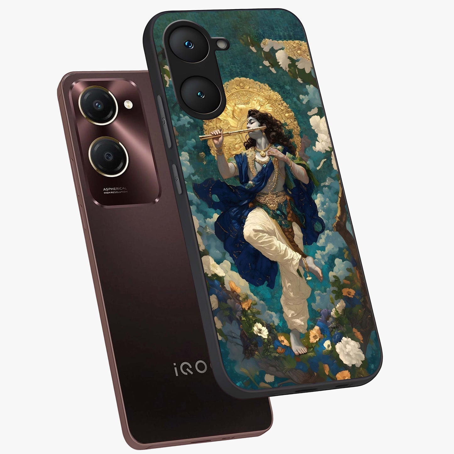 Divine Krishna Art Glass Case displayed in angled mockup highlighting spiritual Krishna illustration with devotional aesthetic.