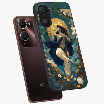 Divine Krishna Art Glass Case displayed in angled mockup highlighting spiritual Krishna illustration with devotional aesthetic.