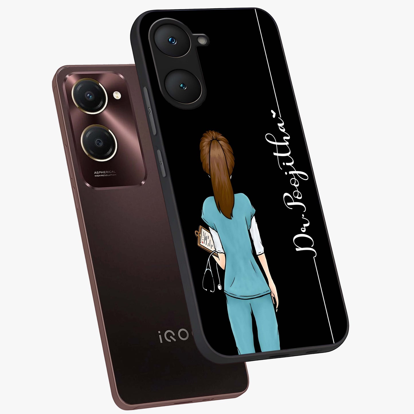 Doctor Pattern Custom Name Glass Case displayed in angled mockup highlighting doctor inspired artwork with custom name feature.