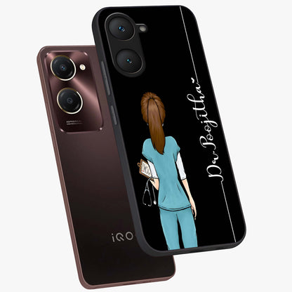 Doctor Pattern Custom Name Glass Case displayed in angled mockup highlighting doctor inspired artwork with custom name feature.