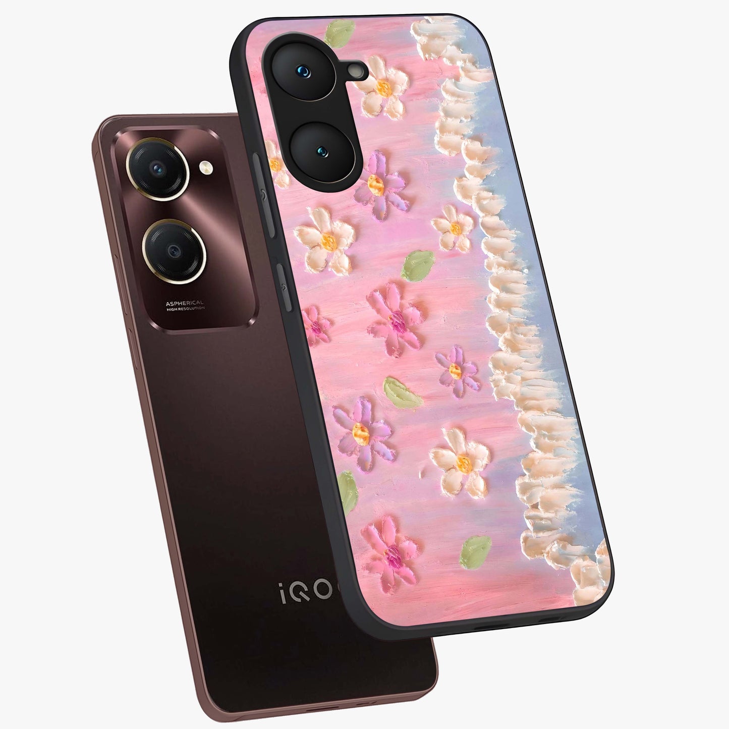 Dreamy Painted Garden Glass Case displayed in angled mockup highlighting colorful garden illustration with dreamy aesthetic style.