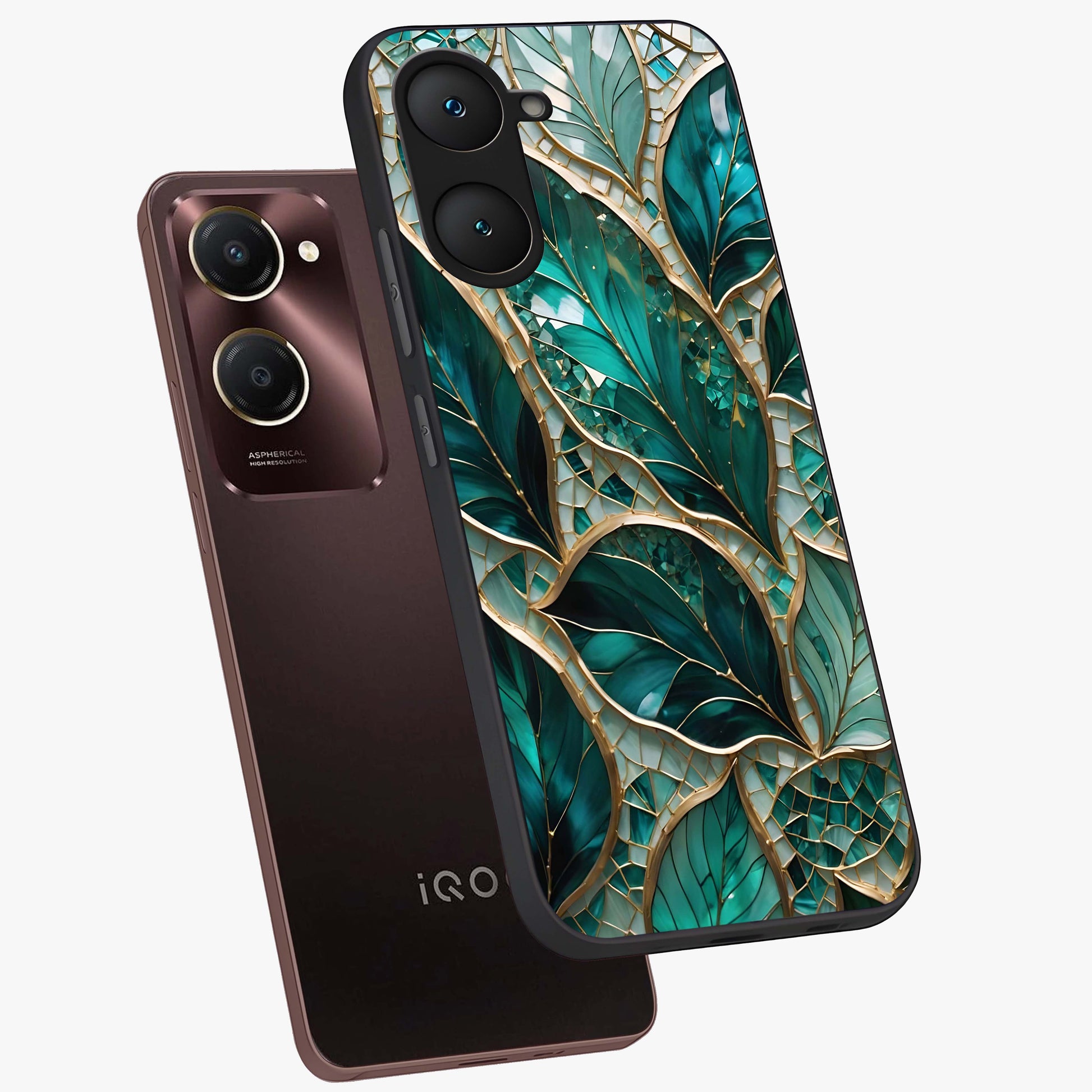 Emerald Leaf Glass Glass Case displayed in angled mockup highlighting botanical leaf illustration with elegant natural aesthetic.