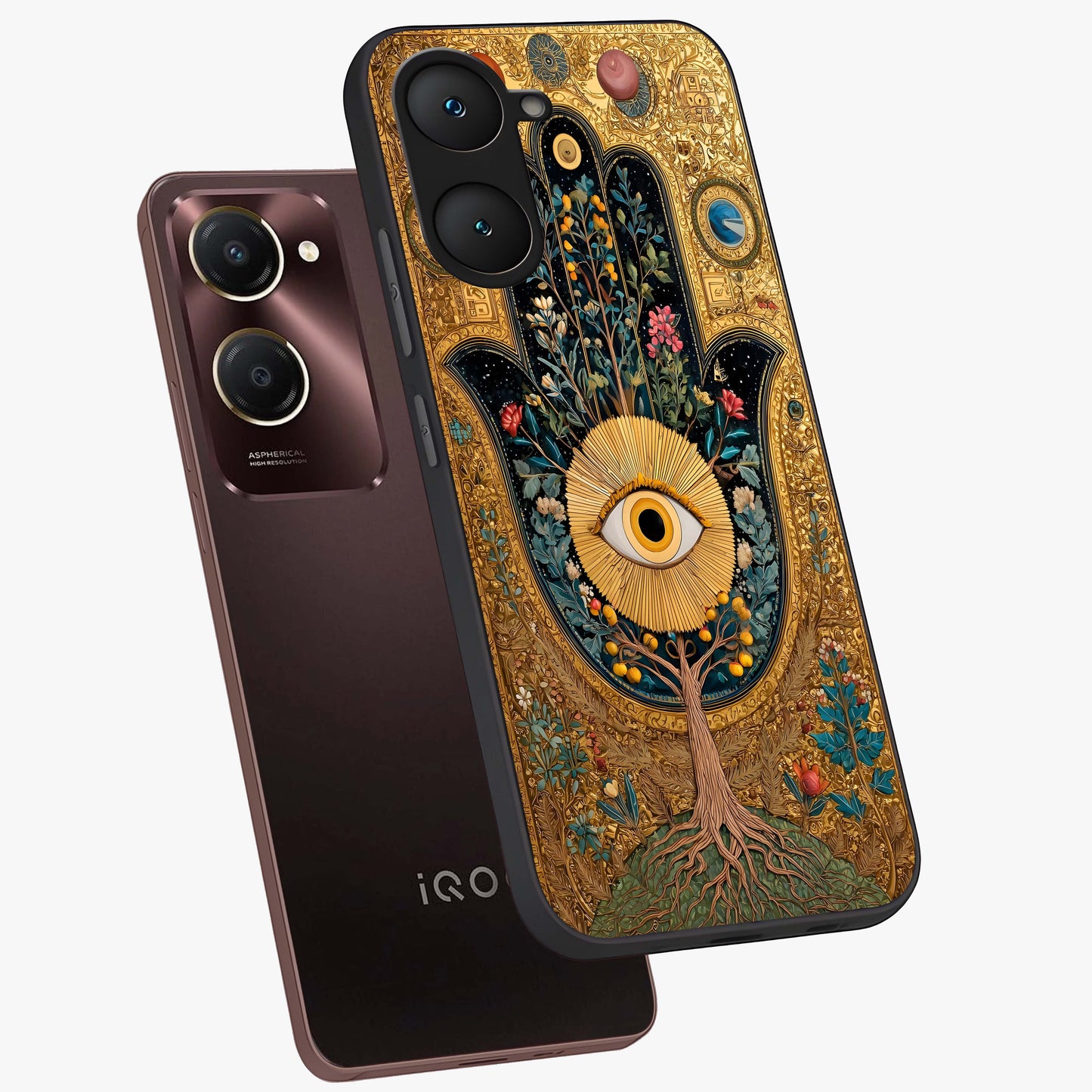 Ethereal Evil Eye Glass Case displayed in angled mockup highlighting protective evil eye symbol with spiritual aesthetic design.