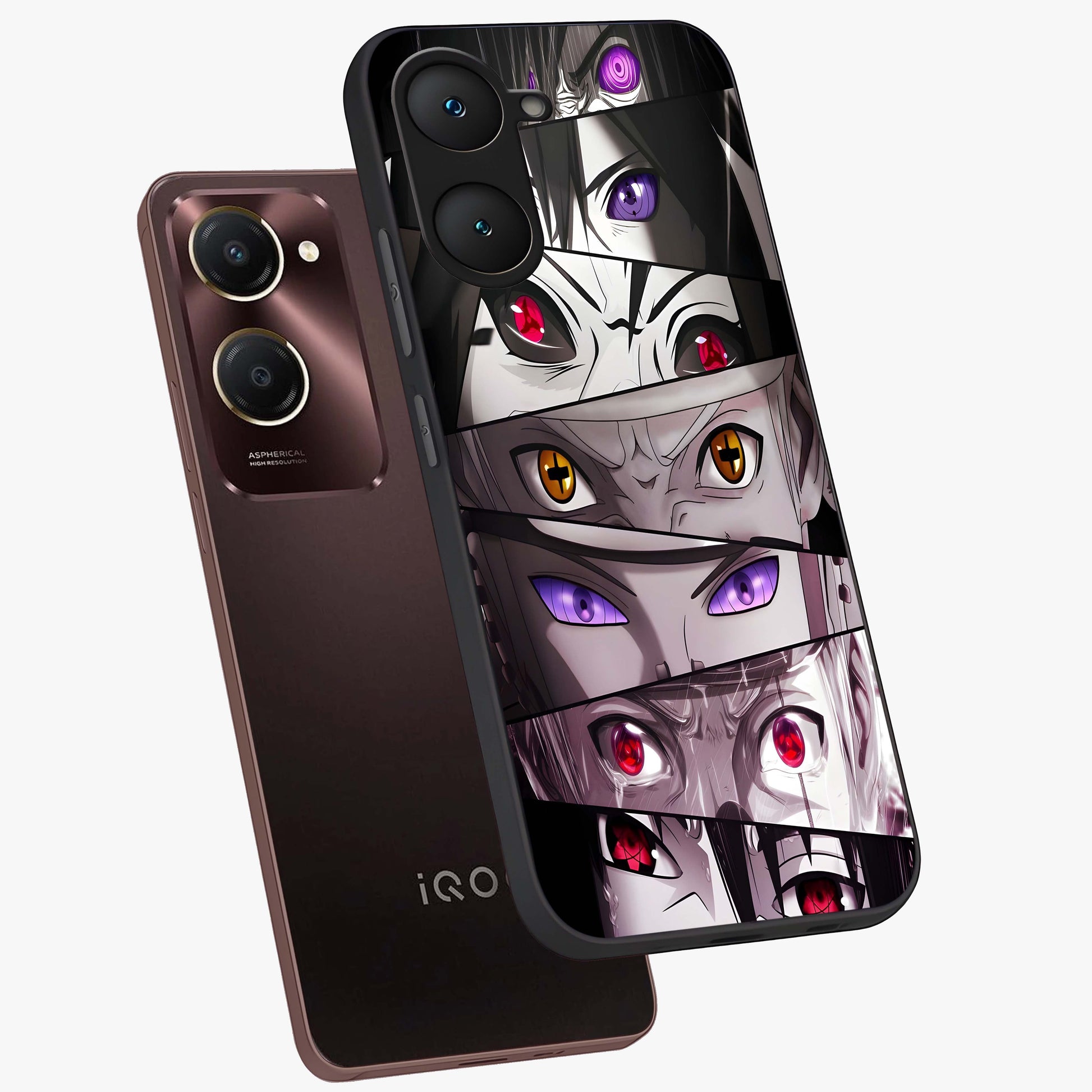 Eyes of Destiny Glass Case displayed in angled mockup highlighting bold eye illustration with mystical aesthetic style.