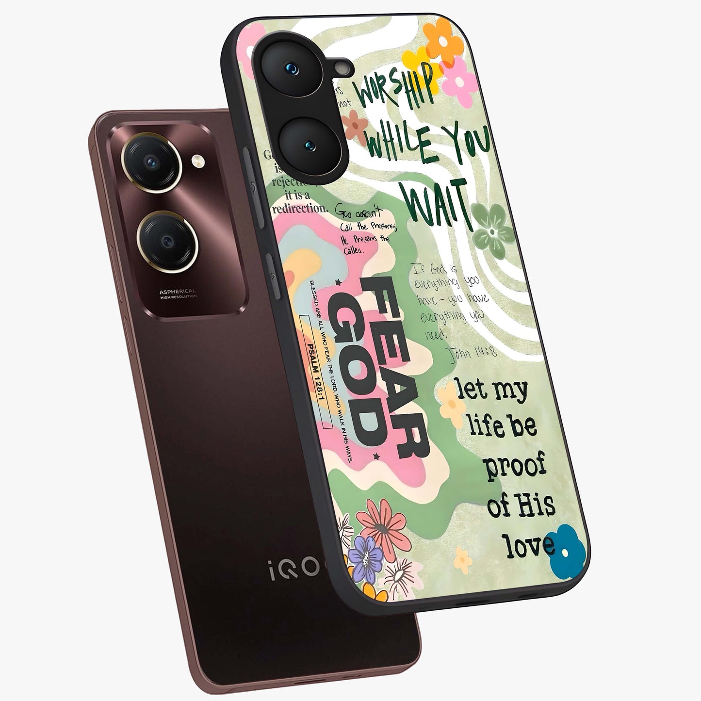 Faith Over Fear Glass Case displayed in angled mockup highlighting inspirational message design with modern aesthetic style.
