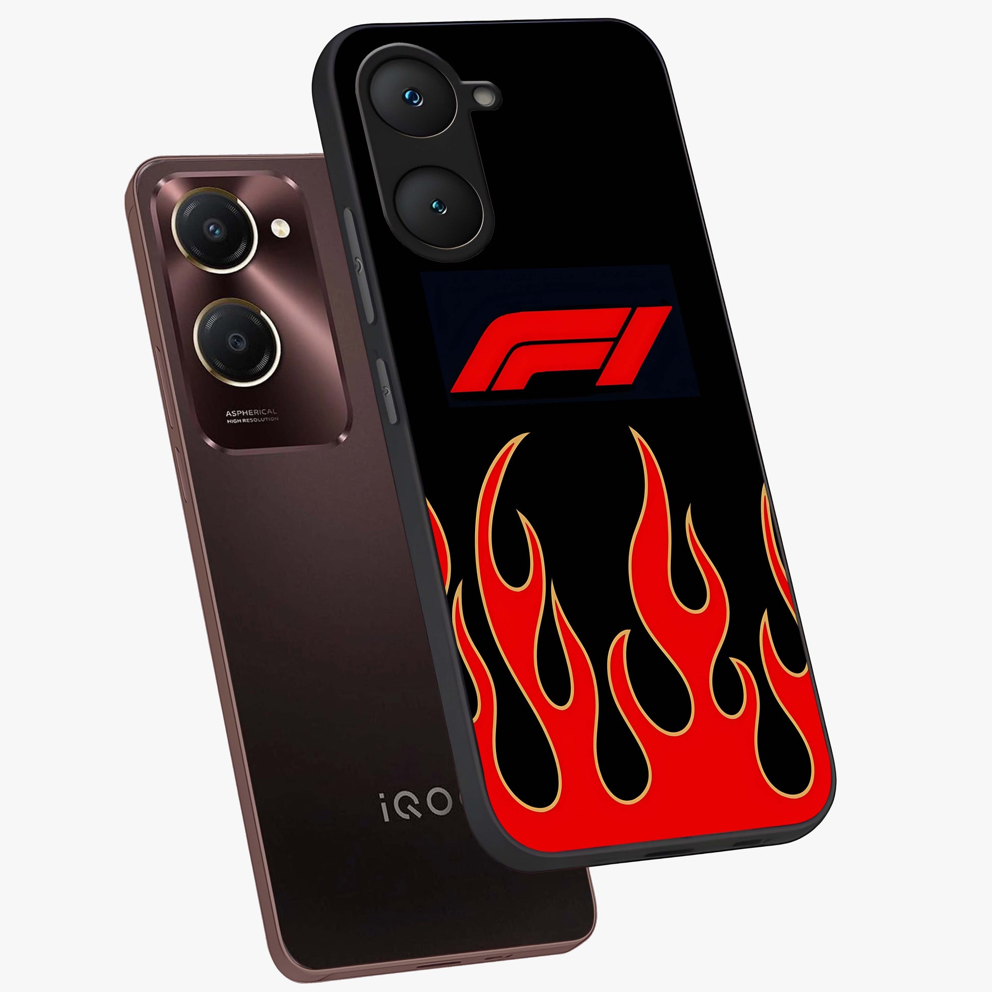 Fire F11 Glass Case displayed in angled mockup highlighting bold fire inspired graphic with energetic aesthetic style.