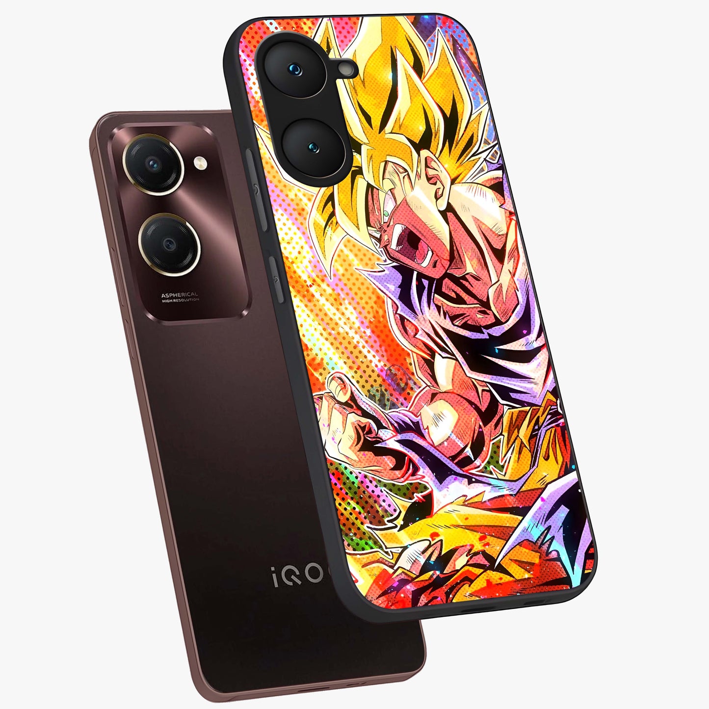 Firing Goku Glass Case displayed in angled mockup highlighting dynamic anime character design with action aesthetic.
