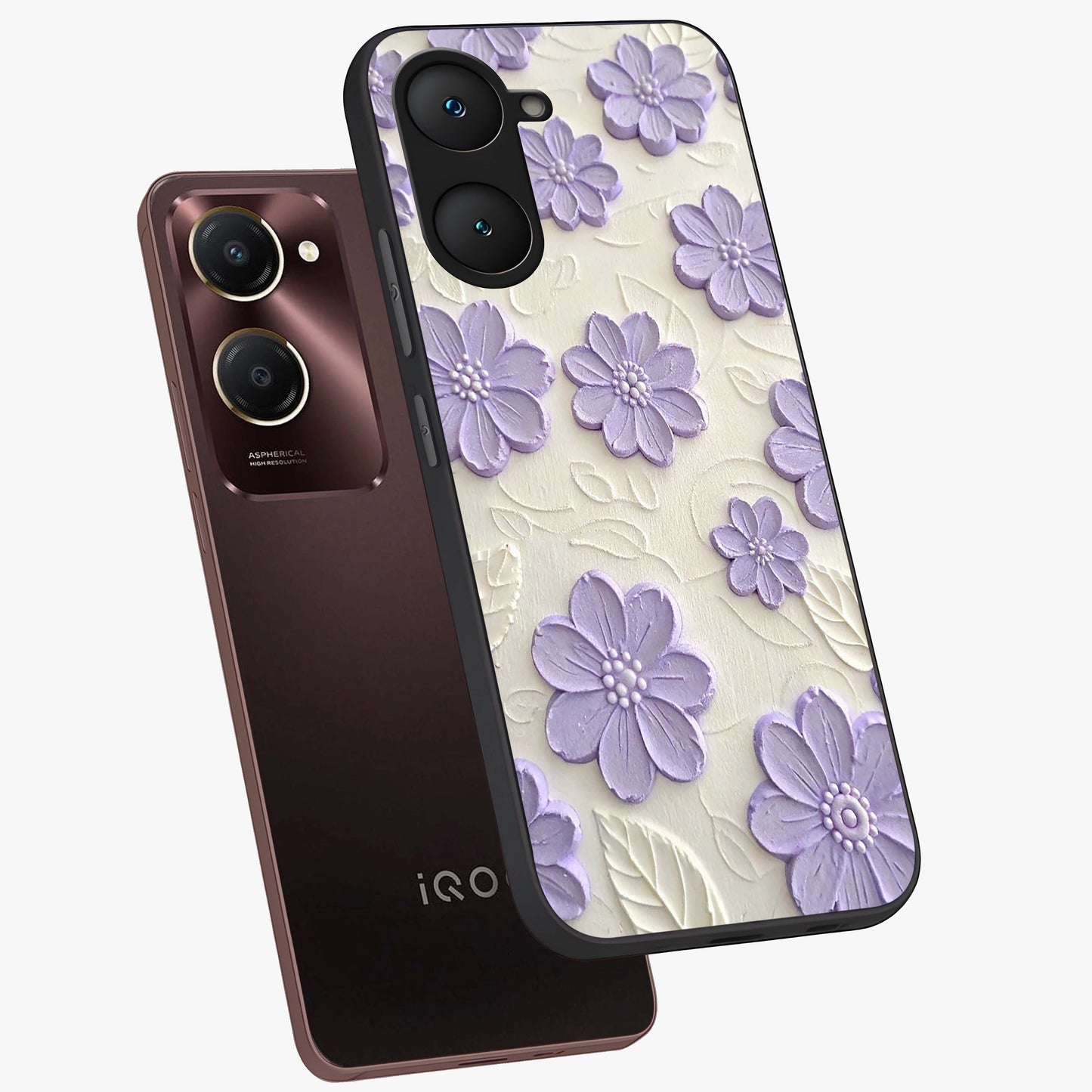 Floral Wall Art With Purple Flowers Glass Case displayed in angled mockup highlighting vibrant purple floral illustration with artistic aesthetic.
