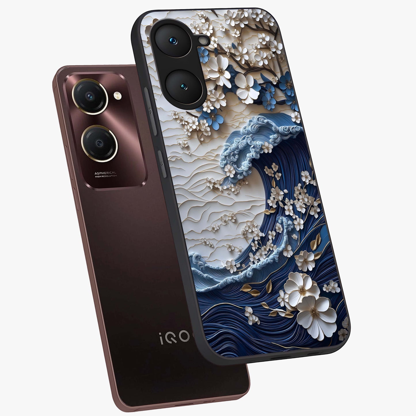 Floral Wave Origami Glass Case displayed in angled mockup highlighting geometric origami flower design with modern aesthetic style.