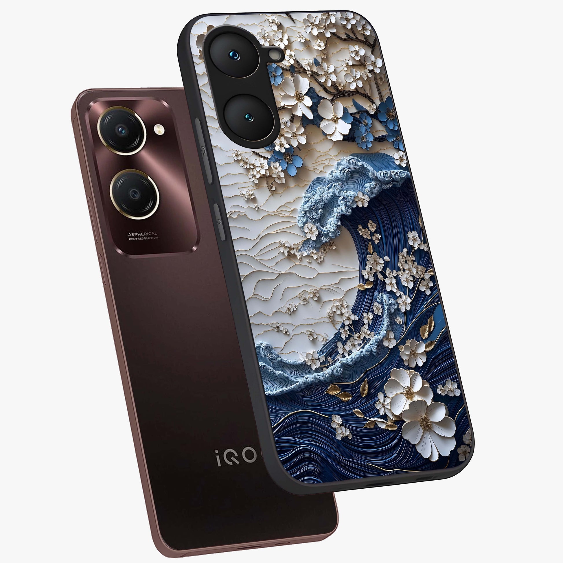 Floral Wave Origami Glass Case displayed in angled mockup highlighting geometric origami flower design with modern aesthetic style.