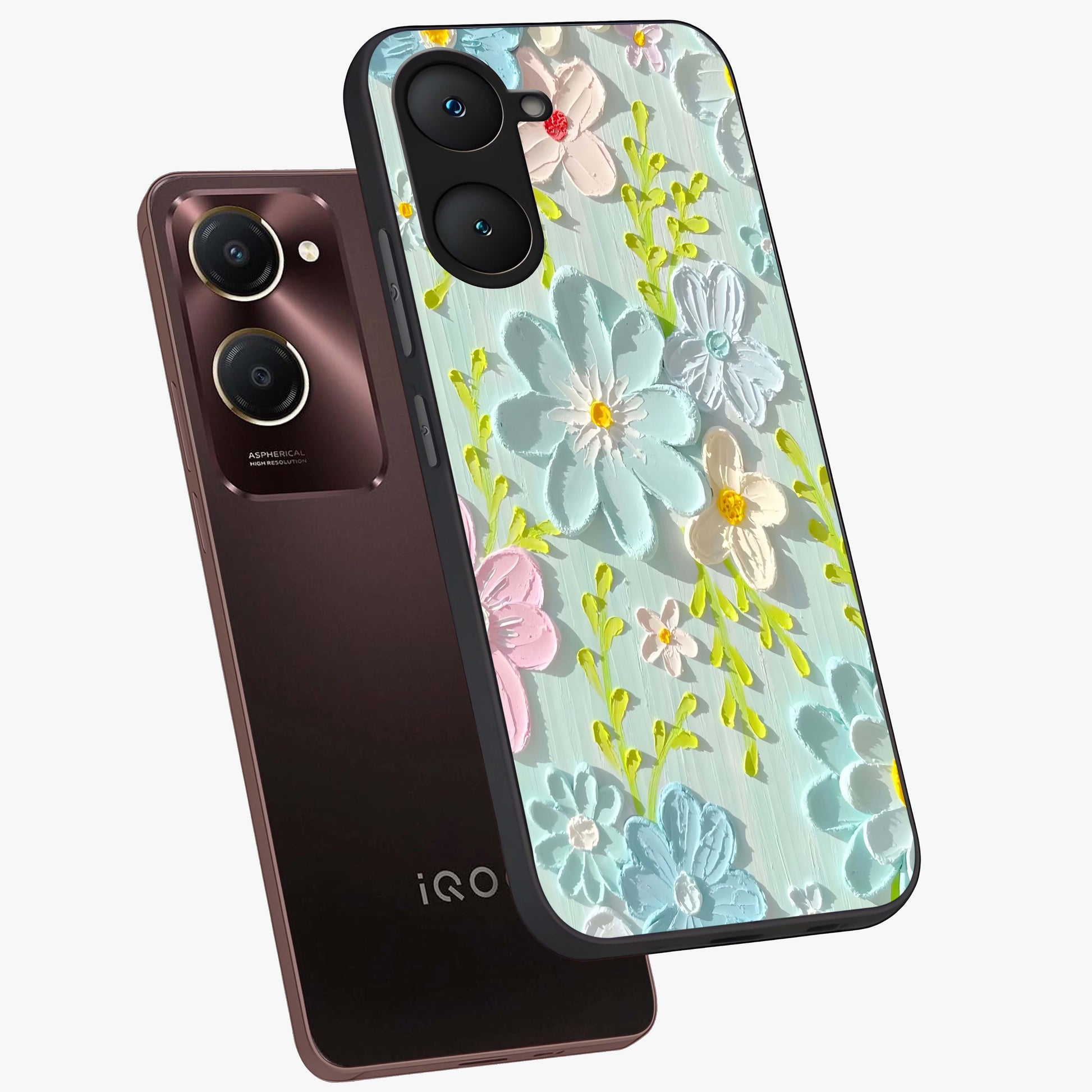 Frosted Petal Garden Glass Case displayed in angled mockup highlighting delicate flower petal design with calm garden aesthetic.