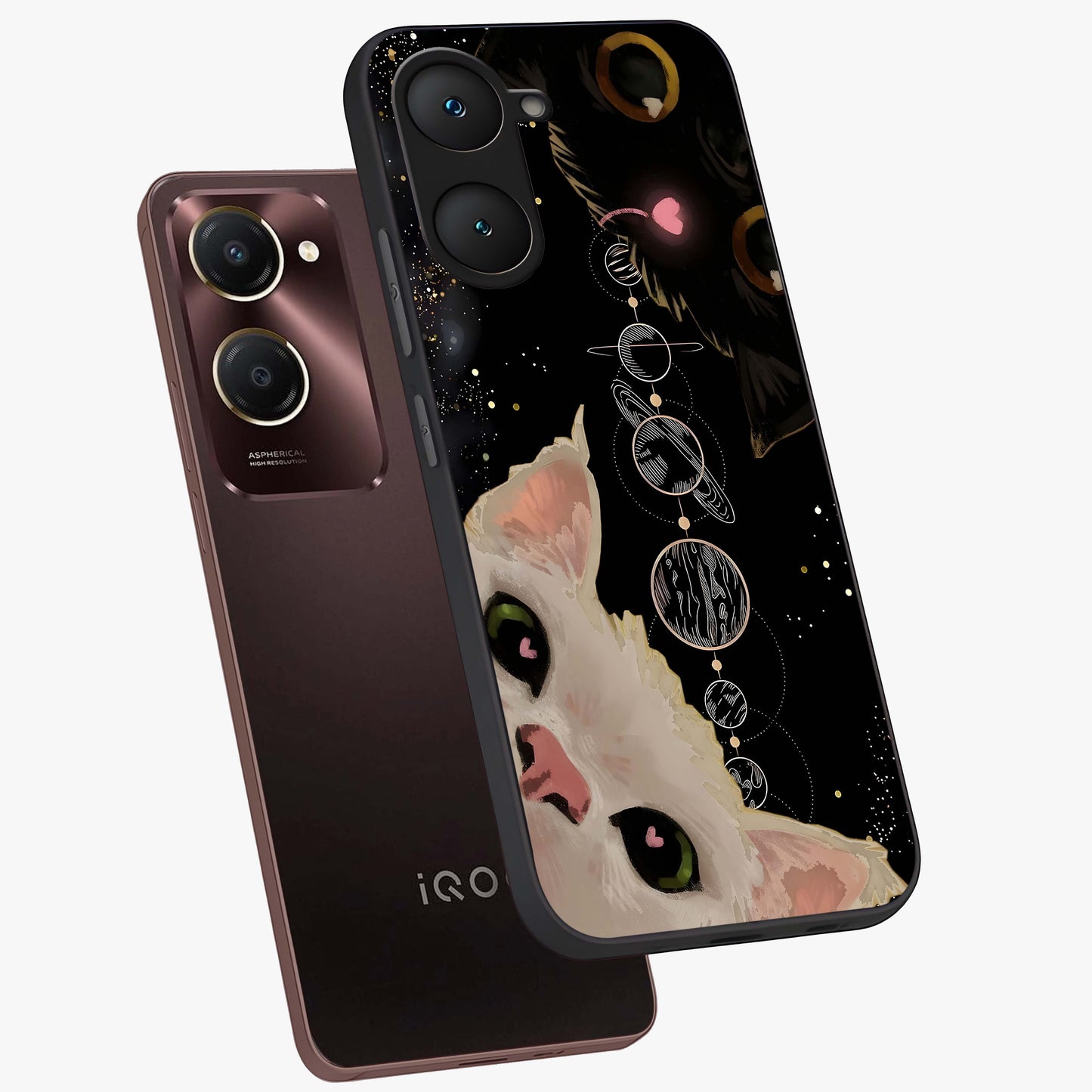 Galactic Cat Glass Case displayed in angled mockup highlighting celestial feline illustration with galaxy aesthetic style.