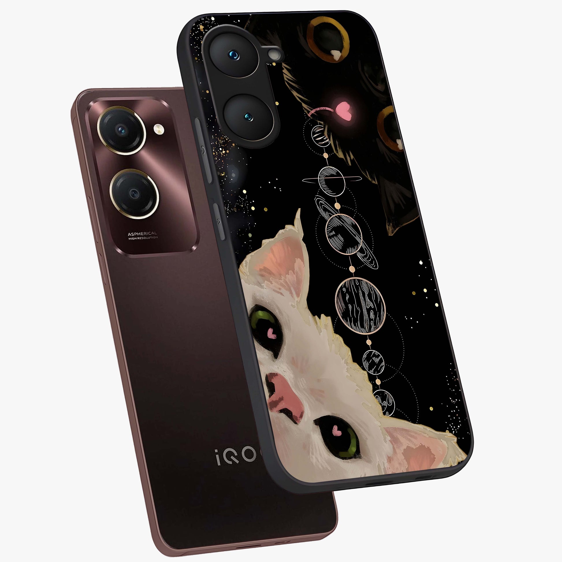 Galactic Cat Glass Case displayed in angled mockup highlighting celestial feline illustration with galaxy aesthetic style.