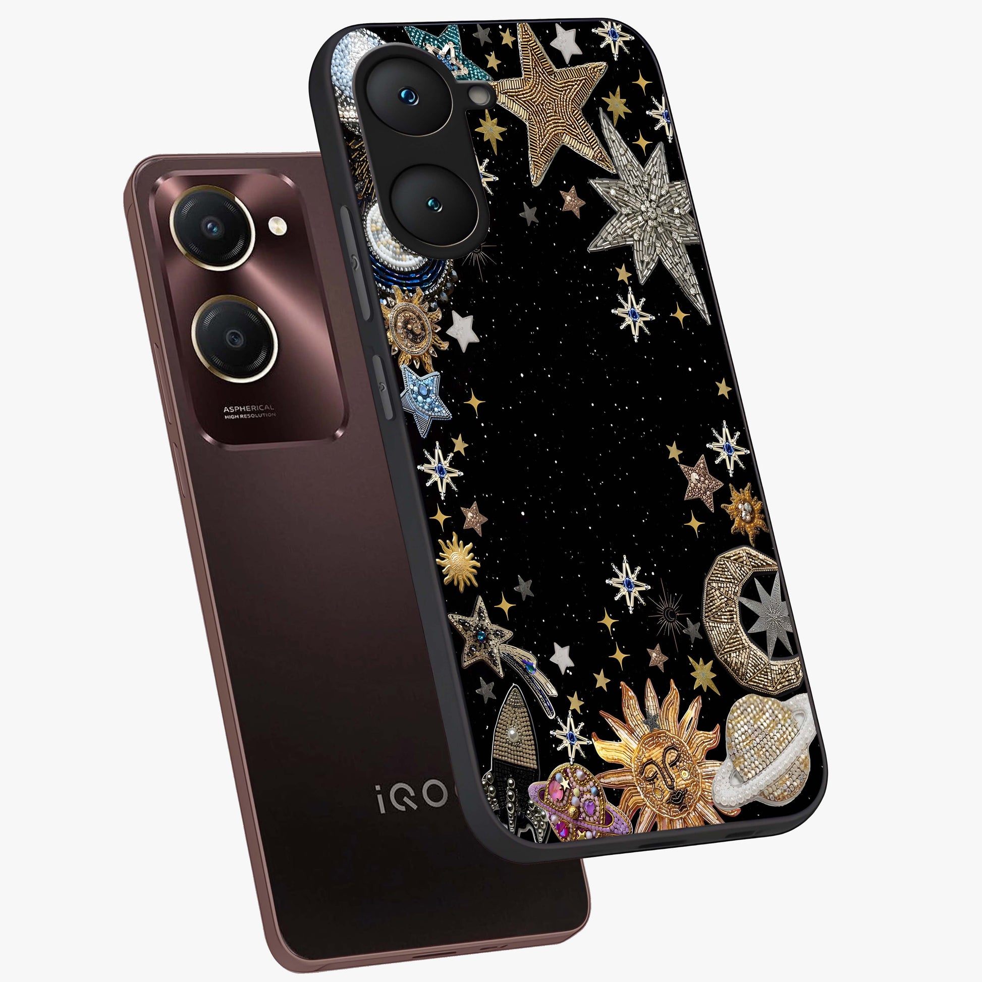 Galactic Jewel Stars Glass Case displayed in angled mockup highlighting shining celestial star design with cosmic aesthetic style.