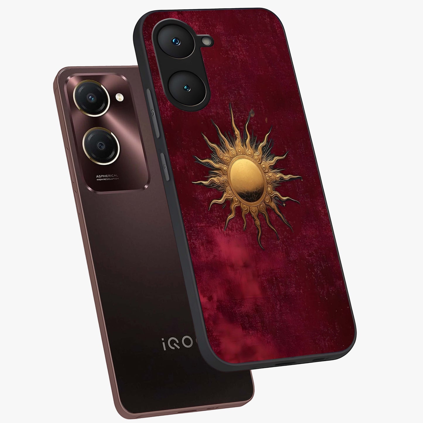 Golden Sun Minimalism Glass Case displayed in angled mockup highlighting clean sun symbol design with modern minimal aesthetic.