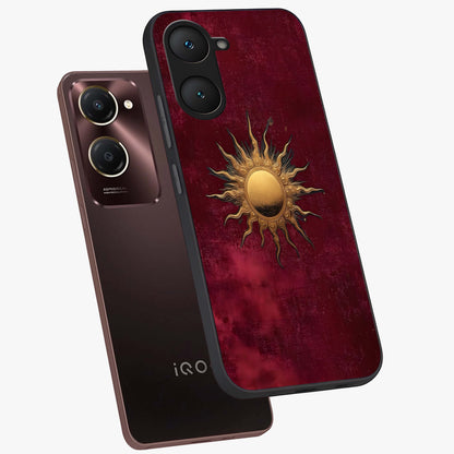 Golden Sun Minimalism Glass Case displayed in angled mockup highlighting clean sun symbol design with modern minimal aesthetic.