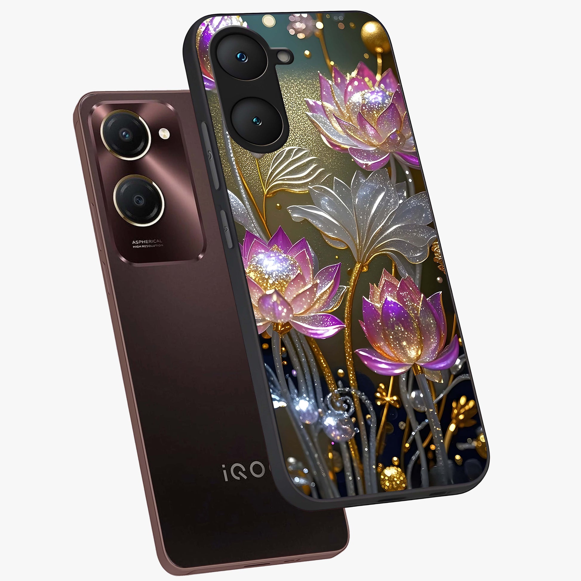 Golden Floral Majesty Glass Case displayed in angled mockup highlighting elegant flower design with royal golden aesthetic.