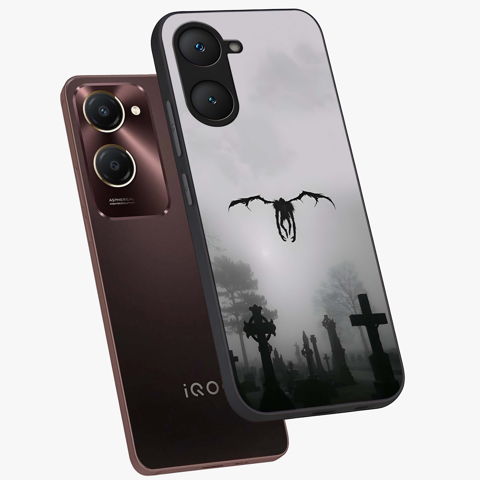 Graveyard Shadow Descent Glass Case displayed in angled mockup highlighting eerie shadow illustration with gothic aesthetic.