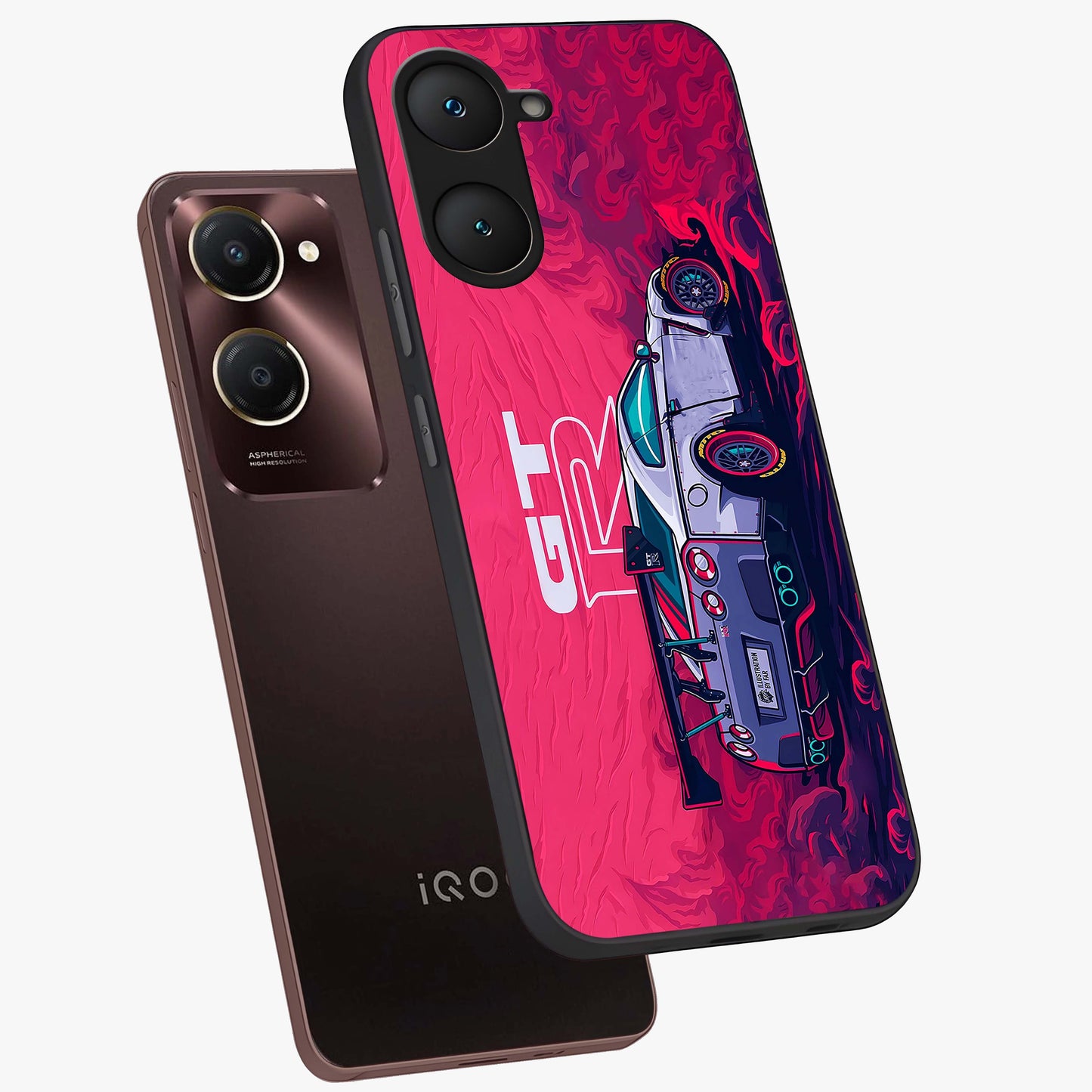 GT-R Car Pattern Glass Case displayed in angled mockup highlighting racing car graphic design with bold automotive aesthetic.