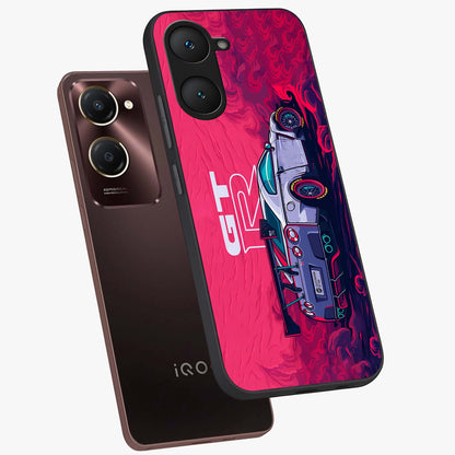 GT-R Car Pattern Glass Case displayed in angled mockup highlighting racing car graphic design with bold automotive aesthetic.